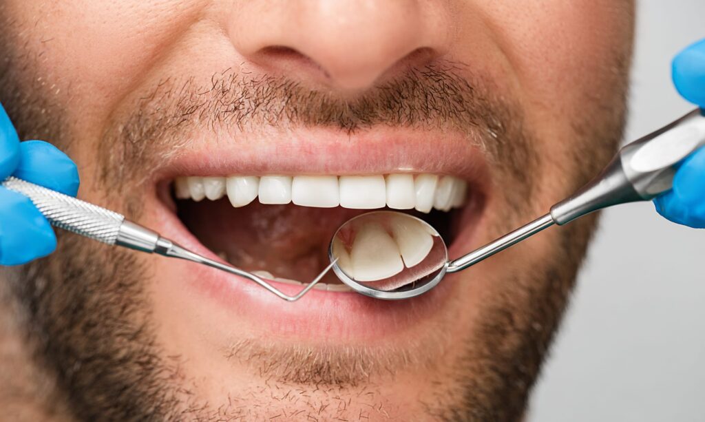 Dental patient having his teeth inspected for a dental exam